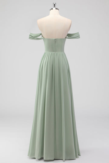 Robe de demoiselle d’honneur longue en mousseline de soie A-ligne A-Shoe Green
